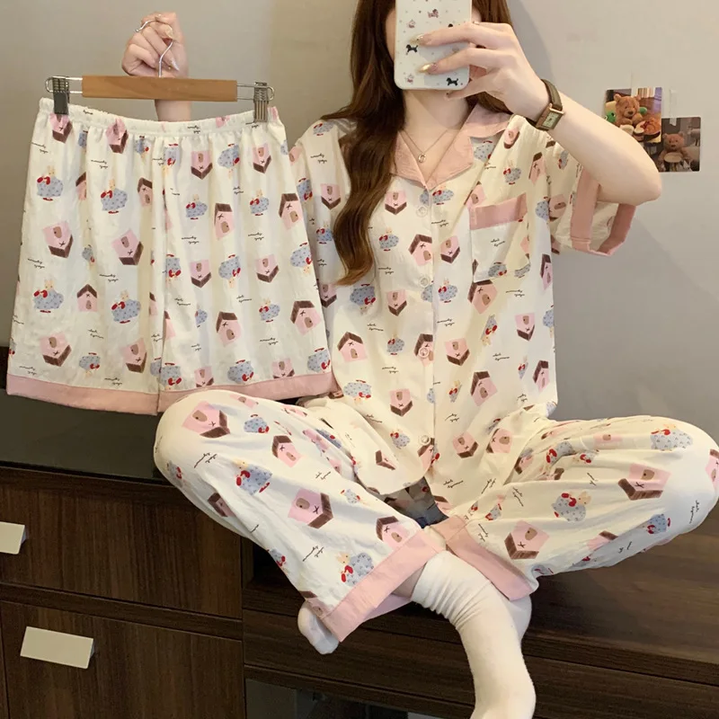 

Spring and Summer Short-Sleeved Ladies Cloud Cotton Three-Piece Set of Sweet Pajamas Girls Students Cute Loose Pajamas Homewear