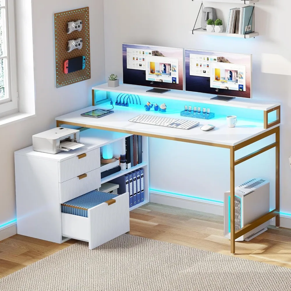 

L Shaped Desk with File Cabinet & Power Outlets, 55 Computer Deskswith Drawers, Corner Desk Office Desks with LED Light, Whi