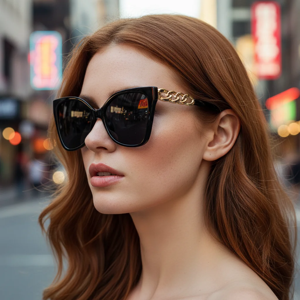 Persönliche Cat-Eye-Sonnenbrille, Trendiges Kettenbügel-Design, Unisex, UV400 Anti-UV-Sonnenbrille M405