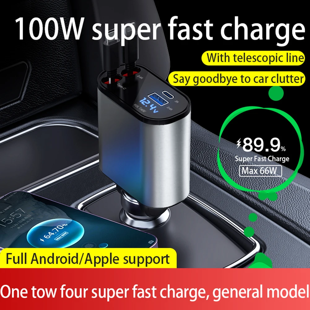 

100W 4 IN 1 Retractable Car Fast Charger For IPhone Samsung PD QC3.0 USB Type C Fast Charging Cable Cigarette Lighter Adapter