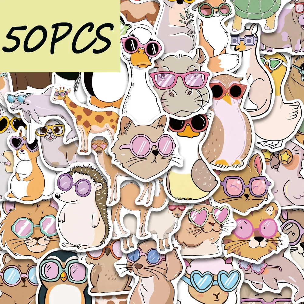 50pcs cute animal glasses stickers, decorative stickers suitable for water bottles, helmets, laptops, waterproof stickers