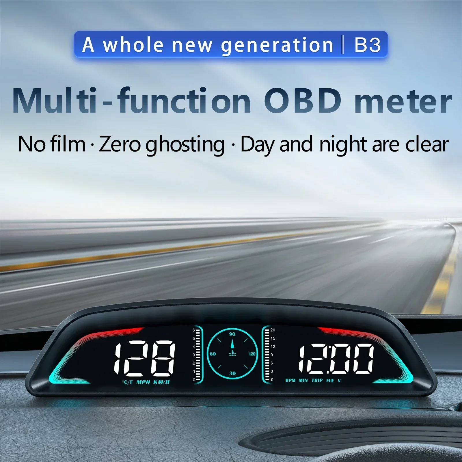 B3 عداد السرعة رئيس يصل العرض OBD2 HUD سيارة مقياس سرعة الدوران درجة حرارة الماء مع إنذار السيارات استهلاك الوقود فولت متر مقياس