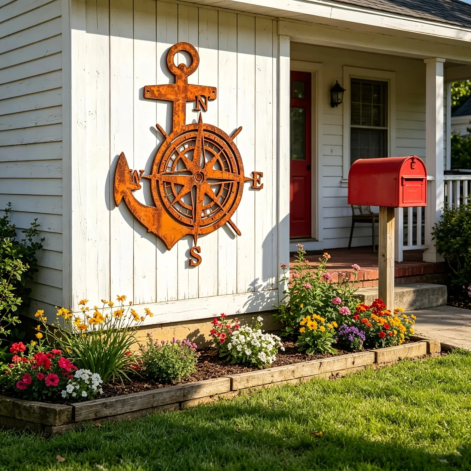 【2D Flat】Rusty Anchor Compass Metal Wall Decor – Nautical Coastal Farmhouse Sign – Yard & Garden Art – Great Gift