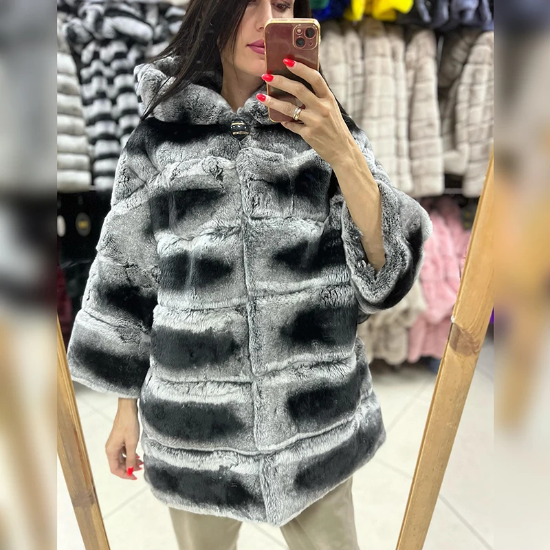 Contrast Color Hooded Genuine Rex Rabbit Fur Jacket Women Winter Warm Casaul Luxury Thicken Loose Natural Real Fur Coats Female