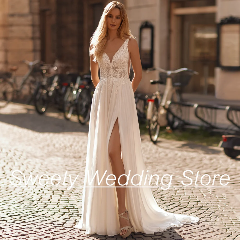 

Cheap Beach Wedding Dress Woman Bride Dresses V Neck Sleeveless Lace Applique Side Slit Chiffon A Line Bridal Gown for Lady