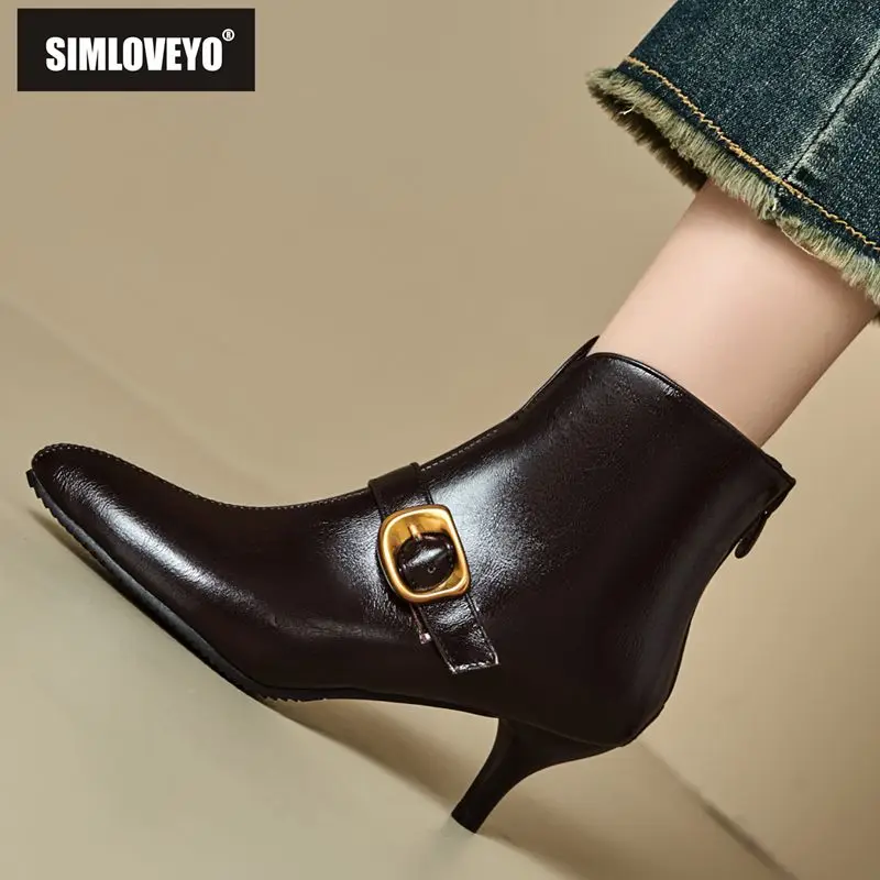 

SIMLOVEYO Роскошные женские ботильоны с острым носком, 6 см, на тонком каблуке, без шнуровки, с металлическими украшениями, большие размеры 46-48, офисные женские ботильоны