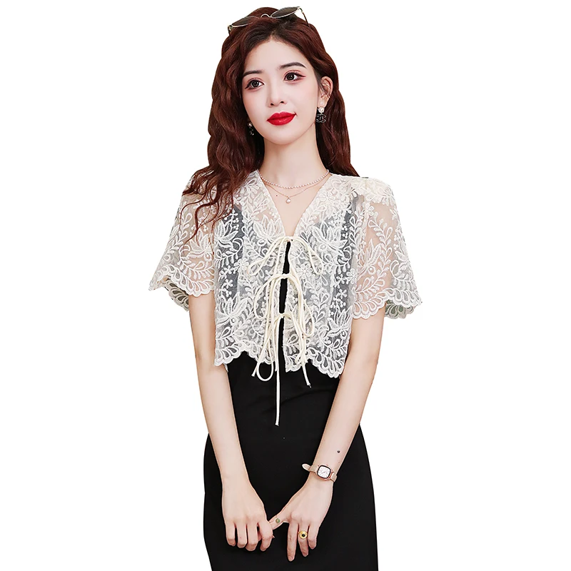 Summer Fashion New Short Sleeve V-Neck Women Shirt Casual Lace Shirt Blouse Women Tops  Blusas Mujer De Moda 2024 Verano J635