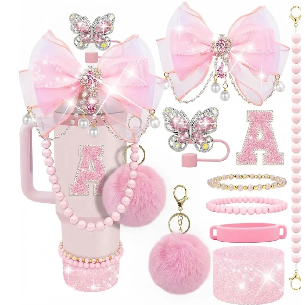 9pcs Quite Luxury Coquette Pink Bow Tumbler Accessories Set for Stanley 30oz 40oz Cup - Includes Letter Charm,  Cute Preppy Gift