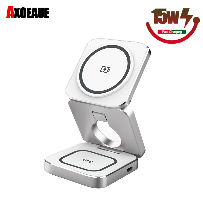 Wireless Charger 3 in 1 Aluminum Alloy for iPhone 15 Pro Max 14 13 12 Foldable Magnetic Charger for AirPods 2 3 Apple Watch 8 7