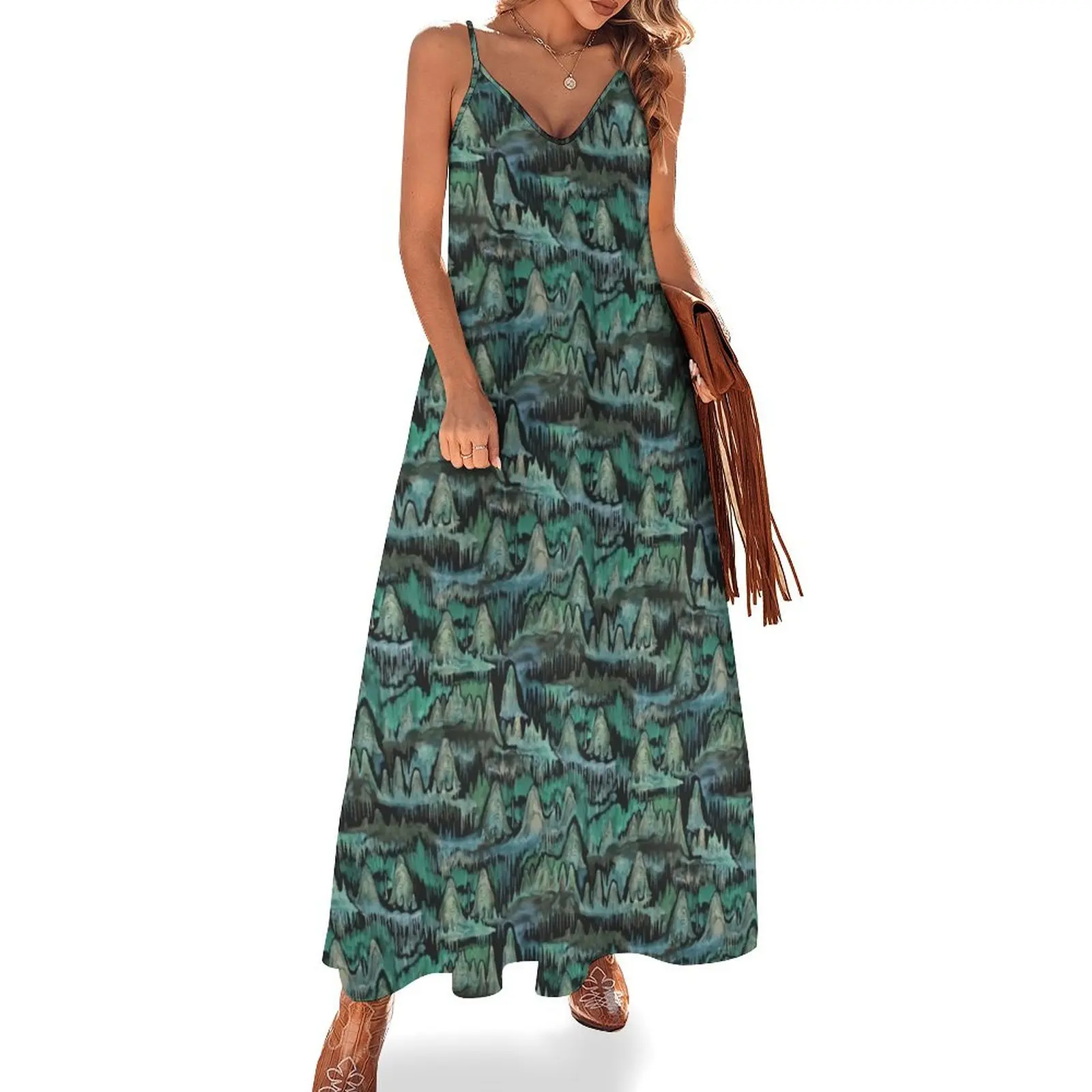 

Cave Exploration in Underground Cavern in Shades of Blue and Green Sleeveless Long Dress women's summer dresses 2025 Dress