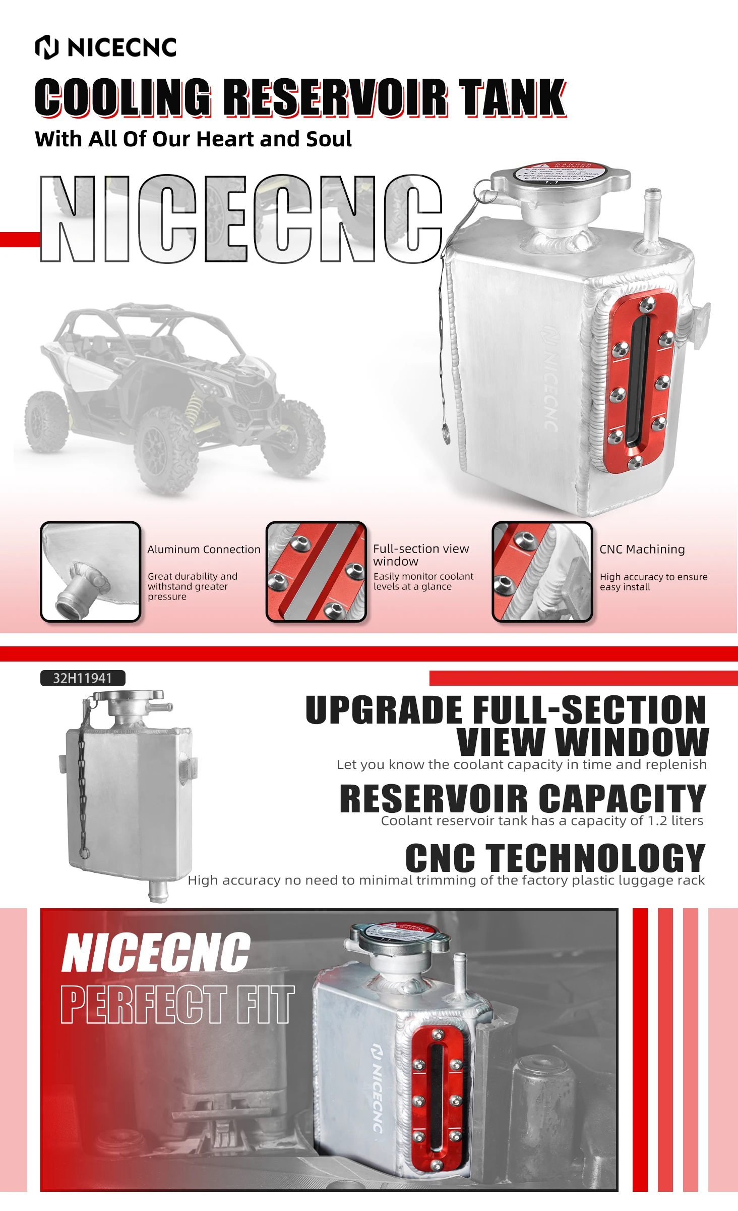 NICECNC Für Can-Am Maverick X3 Max R 2017-2022 Kühlmittelbehälter mit Sichtfenster aus Aluminium Für Canam Defender UTV Zubehör – Detail 2