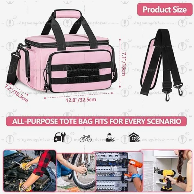 Pink Handheld Tool Bag with Anti-Wear Base, Multi-Pocket Storage Pouch for Electricians Carpenters Repairmen