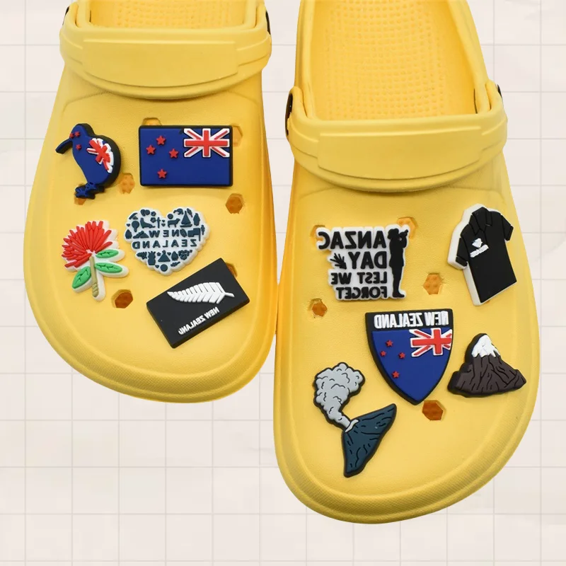 20 قطعة من الزلاجات الفقاعية للأحذية ذات الطابع النيوزلي، الصنادل، زهرة الطيور، النمط البركاني، دبابيس الأحذية البلاستيكية التمساح