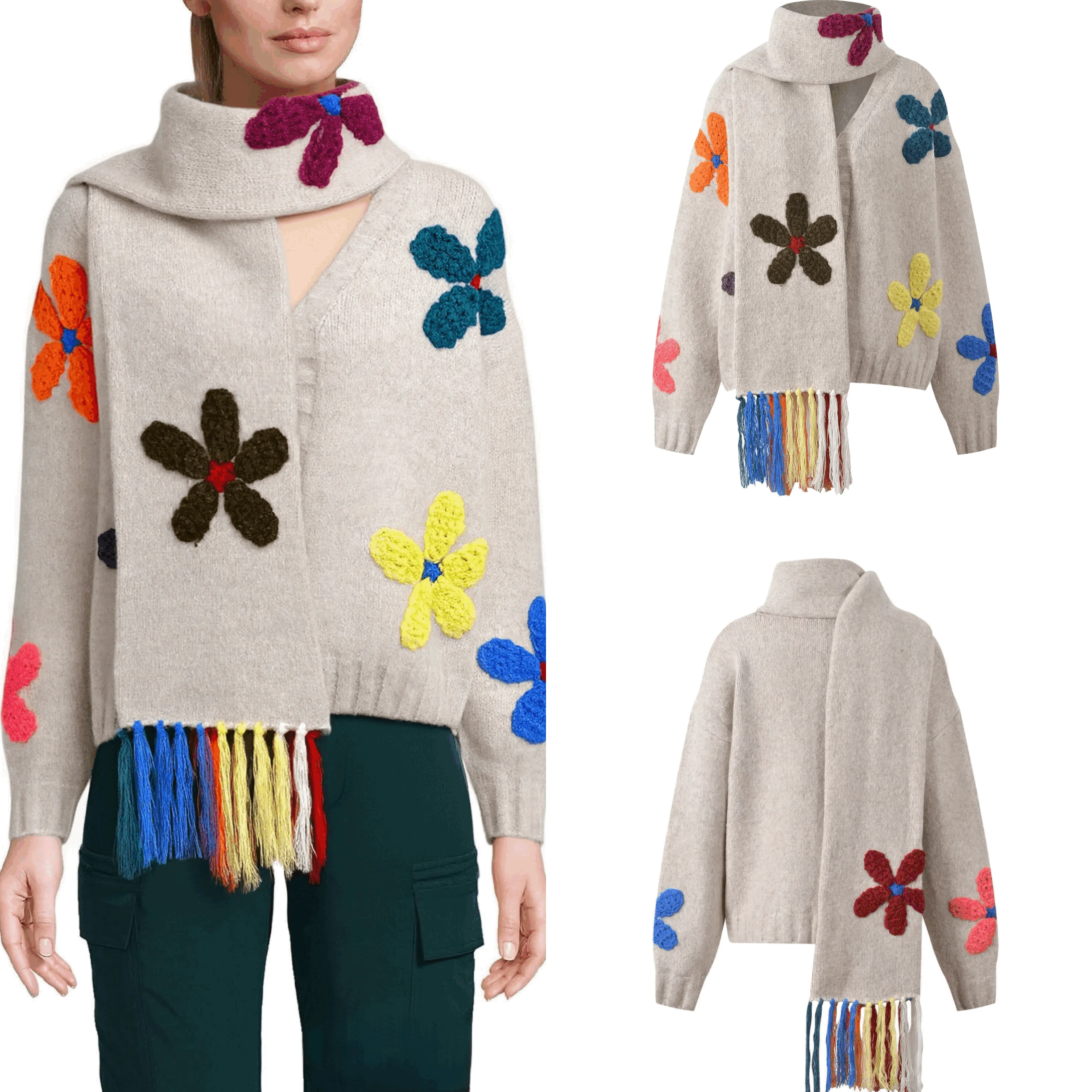 

European and American Autumn/Winter New Style Colorblock 3D Flower Loose Fit Casual V-Neck Sweater Pullover Knitwear