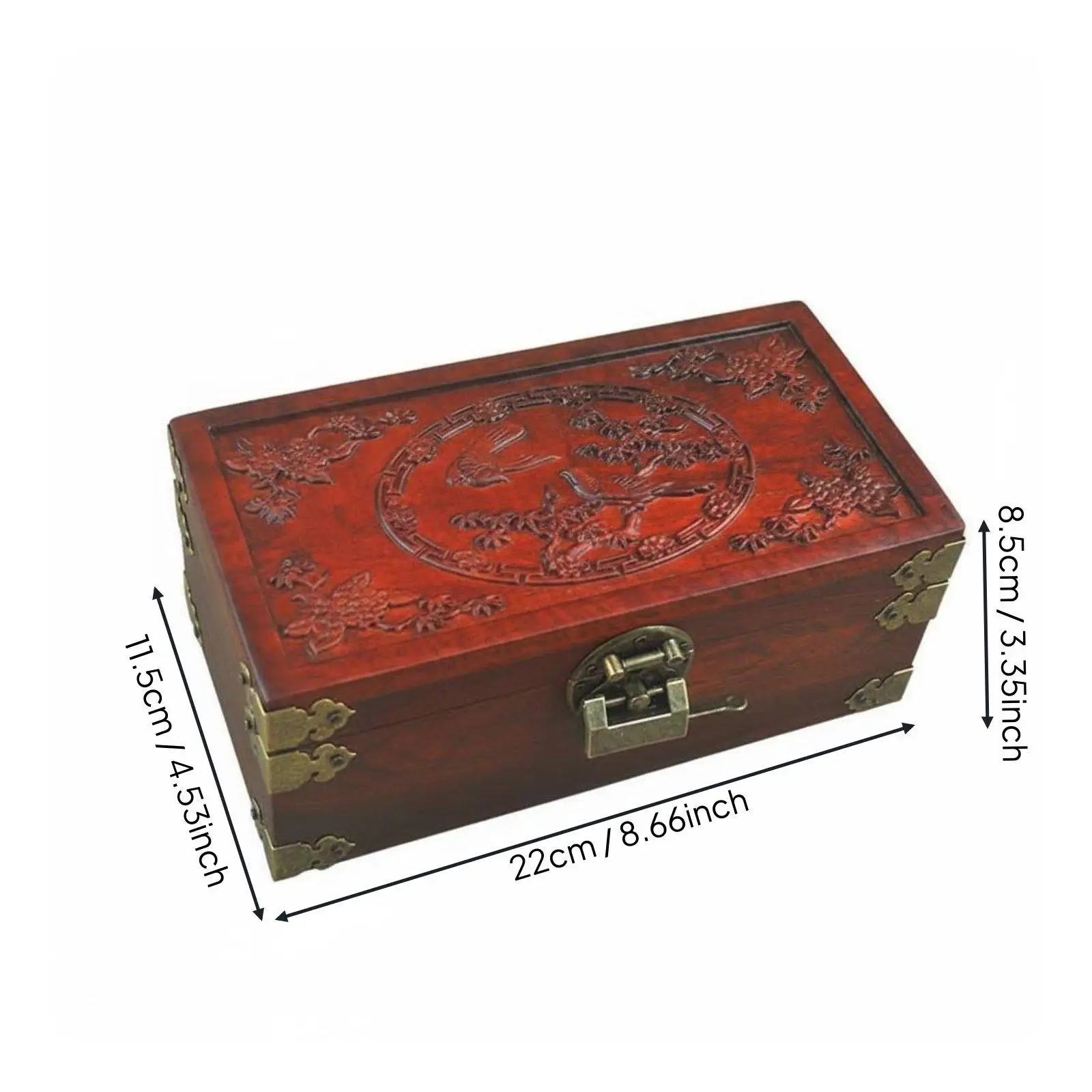 Solid Wood Jewelry Organizer Box with Dragon Bird Floral Carvings Lockable Keepsake Storage Case