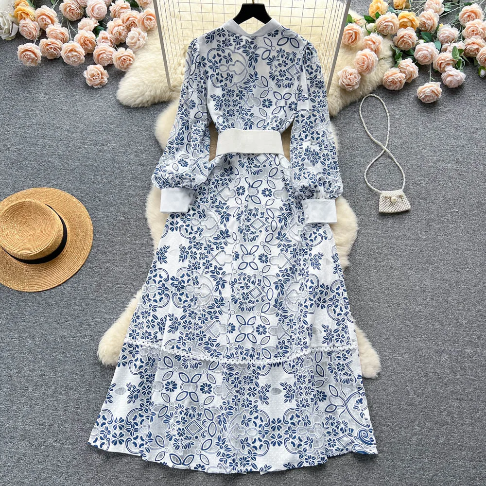 Fashion Runway Spring Dress Women's O-Neck Lantern Sleeve Belt Single Breasted Lace Hollow Out Embroidery Long Dress N1953