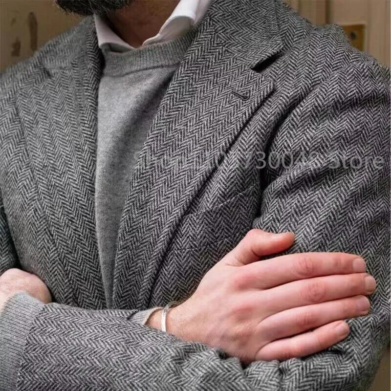 Gray Herringbone Wool Tweed Winter Suit Blazer Single Breasted Suit Jacket Formal Fashion Notch Lapel Coat for Wedding/Business