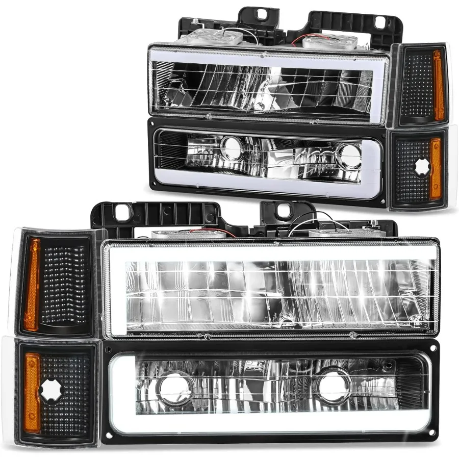 مصباح أمامي LED DRL طراز C + إشارة ممتصة للصدمات + مجموعة مصابيح زاوية متوافقة مع 92-99 Chevy GMC C/K 1500 2500 Suburban Yukon، أسود/Ambe