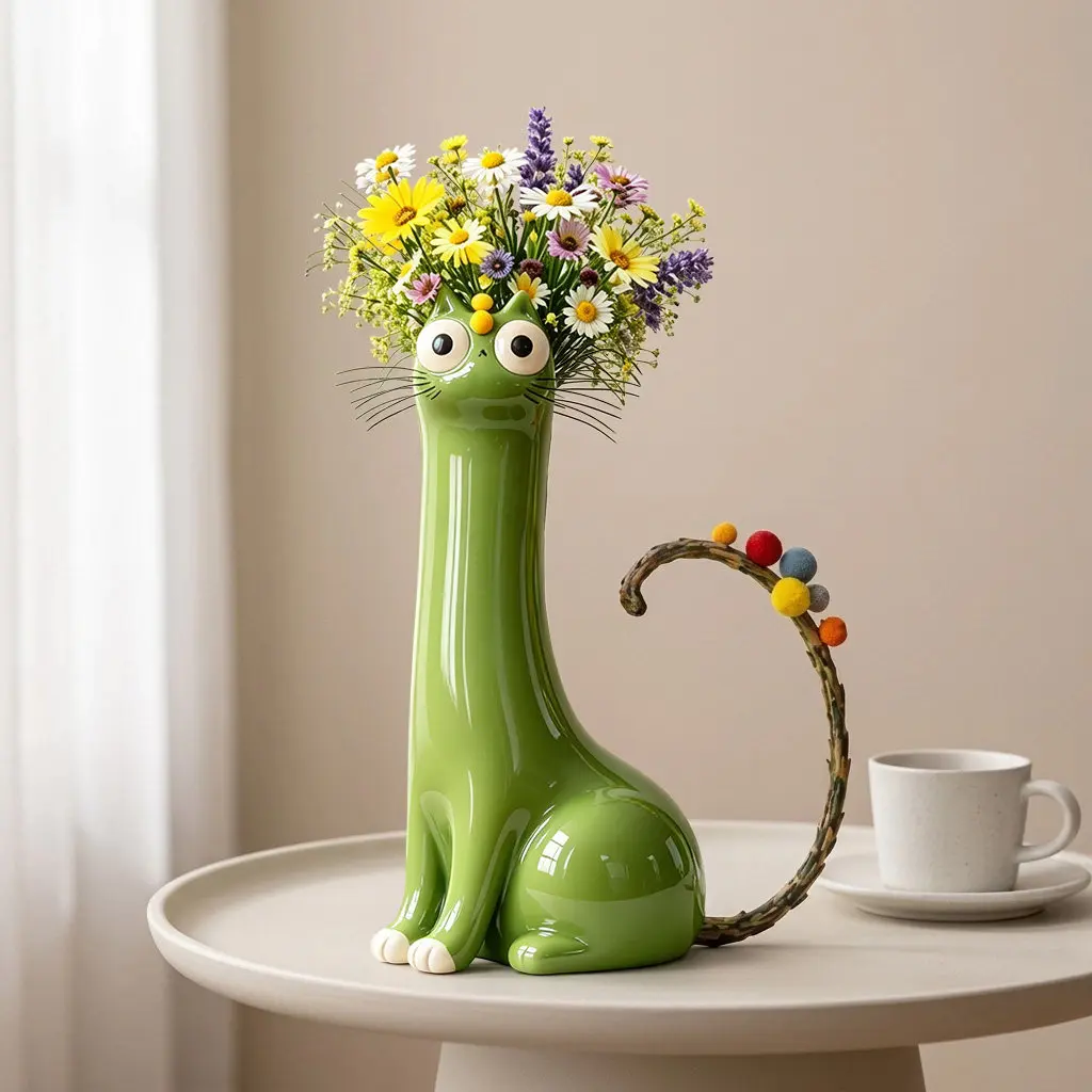 Cute Cat‑Shaped Ceramic Vase, Cartoon Animal Statue Flower Vase, Home Living Room Tabletop Decor Ornament Gift