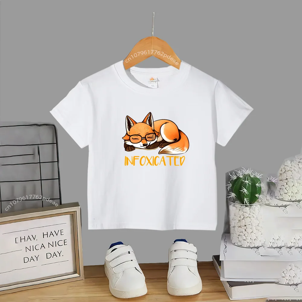 Kids Summer 100% Cotton T-shirt Lazy Little Fox Print Teen Casual Cotton T-shirt Boys Girls Comfortable short sleeve top