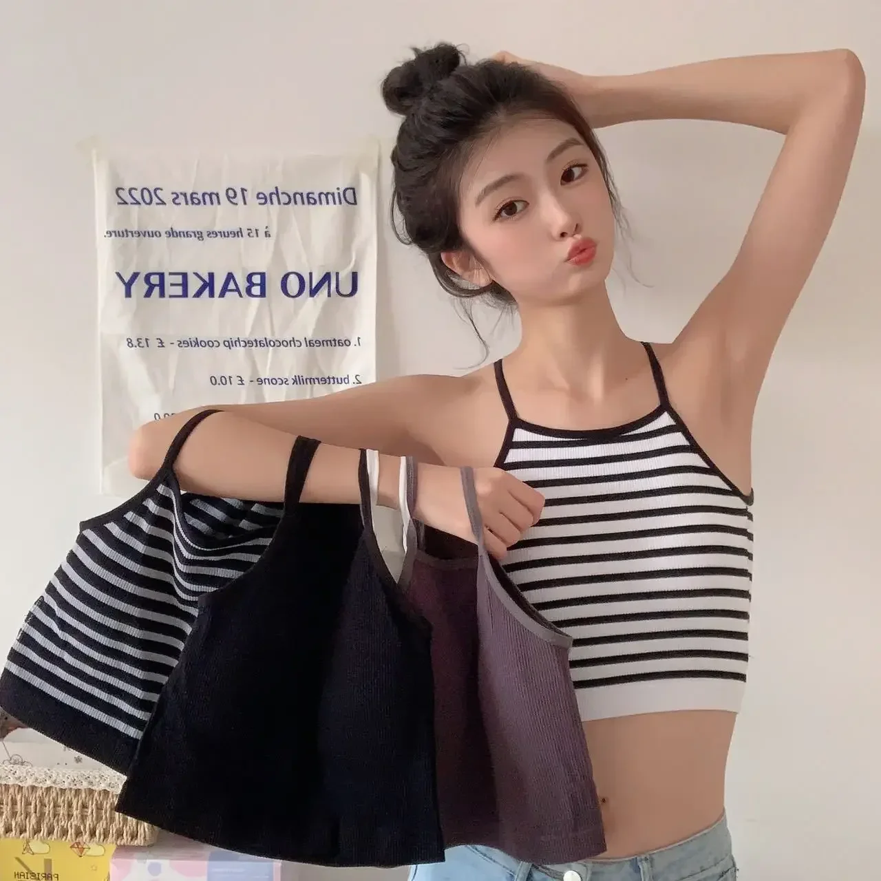 Striped bra pad sexy tank top Y2K solid color short women's T-shirt top sleeveless exposed navel top tank