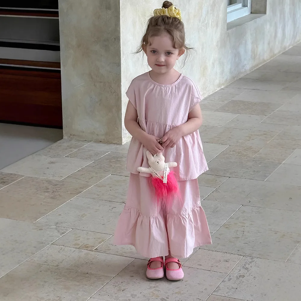 

2025 Summer New Children Short Sleeve Casual Set Girls Solid Loose Tops + Flared Pants 2pcs Suit Kids Comfortable Cotton Set