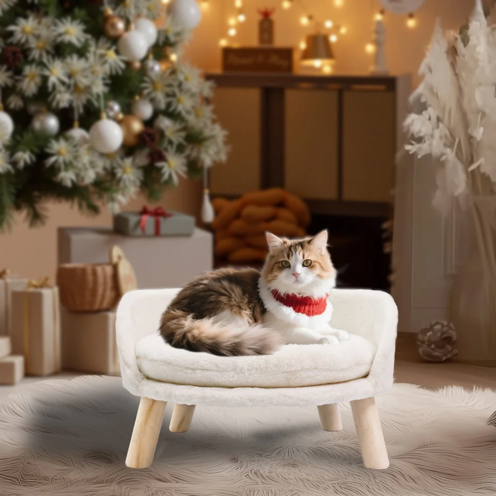 

Elevated Pet Bed Nordic Cat Stool with Cozy Pad Waterproof Doggie Chair with Sturdy Wood Legs for Small Dog Kitten