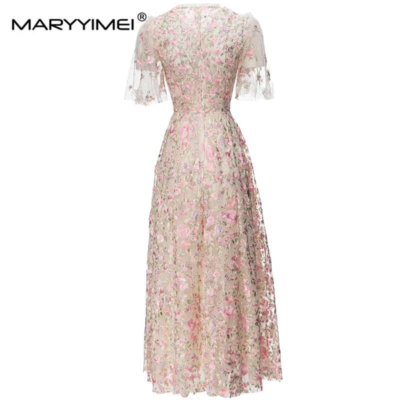 MARYYIMEI Flare Sleeve Flower Embroidered Mesh dress 2023 Spring Summer New Holiday Slim Long Dresses