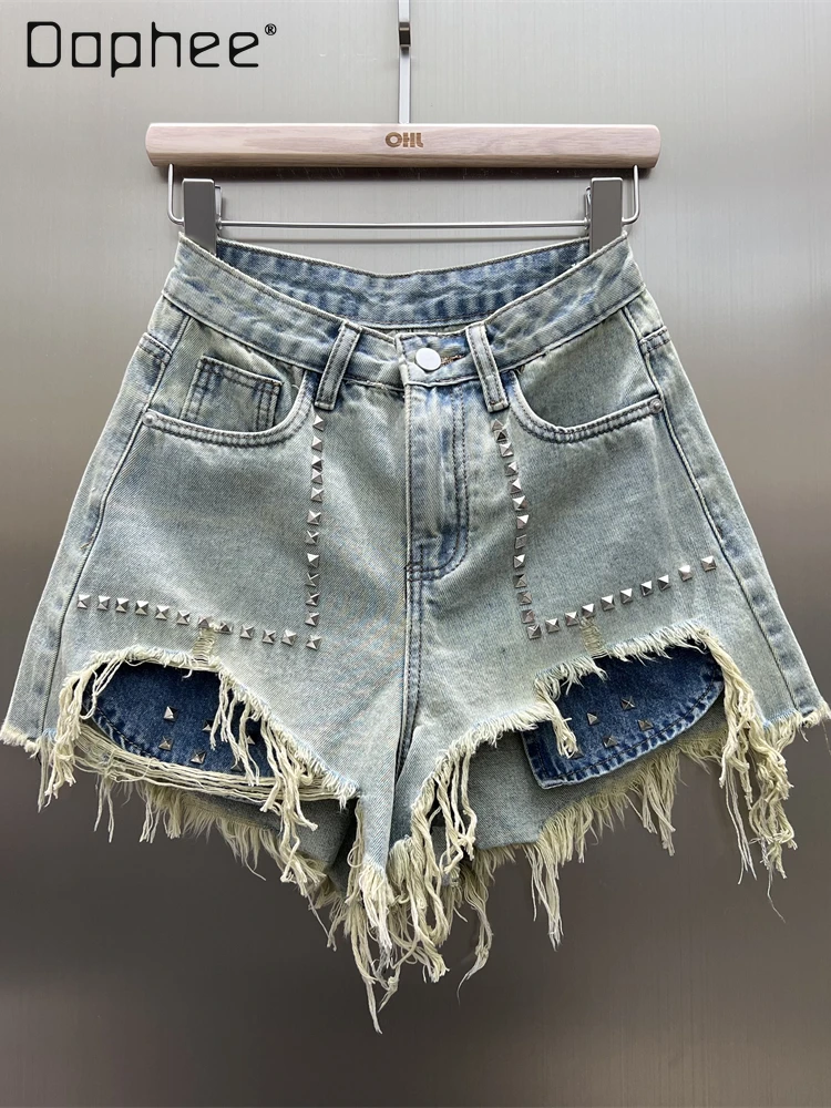 

Rivet Denim Shorts High Waisted Women Tassel Wide Leg Shorts Jeans Irregular Y2k Streetwear Sexy Female Fashion Summer Blue