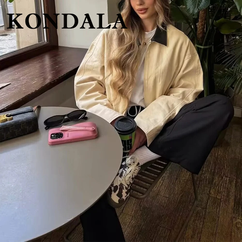 

KONDALA шикарный однотонный прямой женский пиджак из искусственной кожи, модный уличный пиджак 2025 года, повседневная женская весенняя винтажная куртка на молнии с отложным воротником