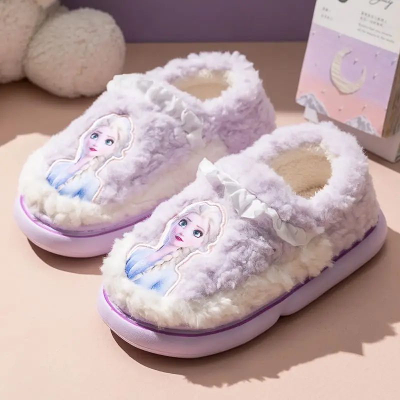 Chaussons en coton Disney pour enfants, chaussures de princesse Elsa, chaussures anti-ald, légères, optiques, talon astronomique, chaudes, mignonnes, maison, intérieur, filles