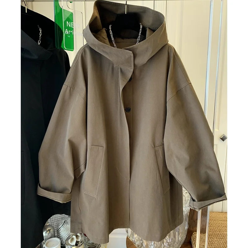 

SuperAen Retro Hooded Trench Coat Long Sleeve Women's 2026 Spring New Design Loose Oversize Solid Color Casual Coats