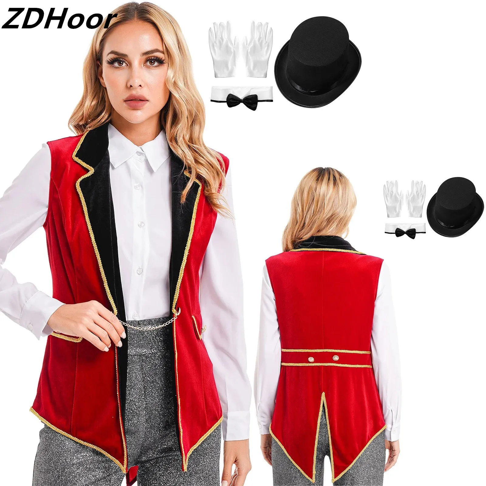 

Womens Circus Ringmaster Costume Sets Lapel Sleeveless Velvet Tailcoat with Hat Bow Collar Gloves for Halloween Magic Show