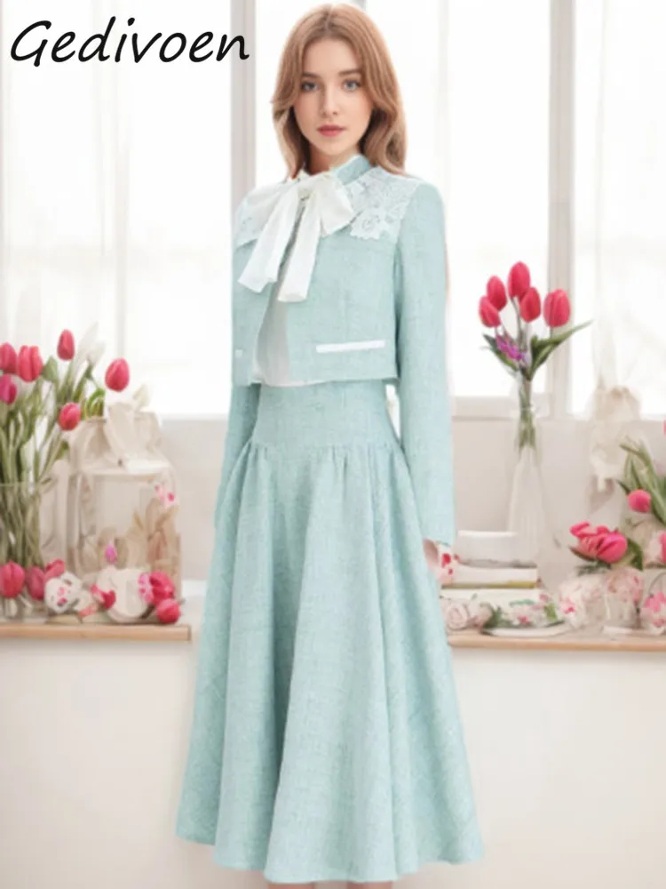 Gedivoen Winter Fashion Designer Vintage Casual Skirt Set Women Stand Collar Bow Shirt+Lace Spliced Coat+Long Skirt 3 Pieces Set