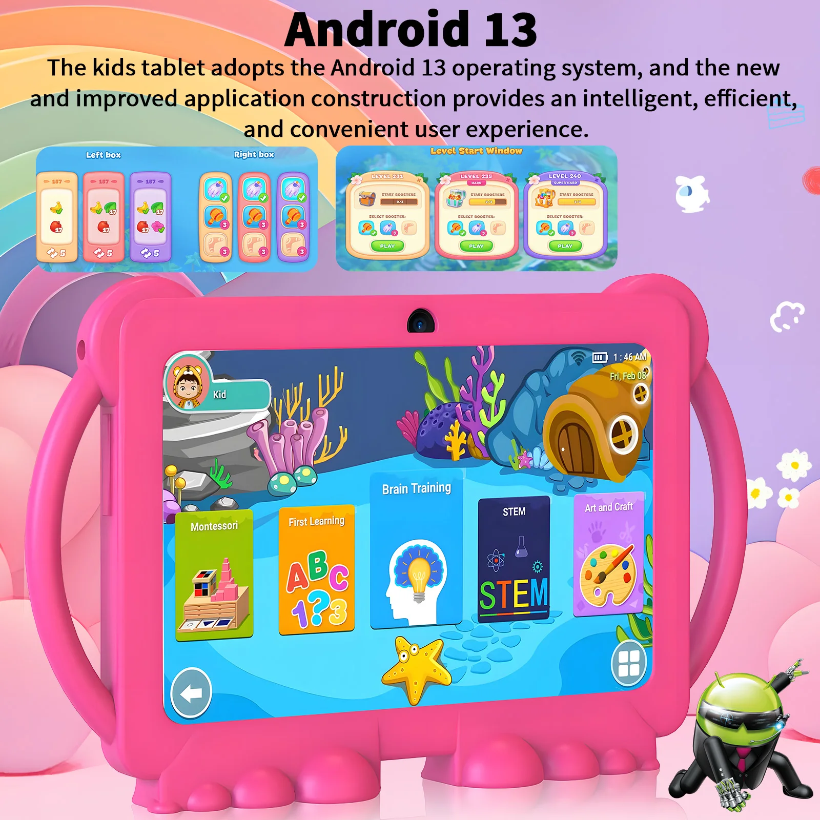 Relndoo 7 Inch Kid Tablet Android 13, 6GB(3+3 expanded) RAM 32GB ROM, WiFi, Dual Camera, IPS Screen, Kids Game Learning Tablets