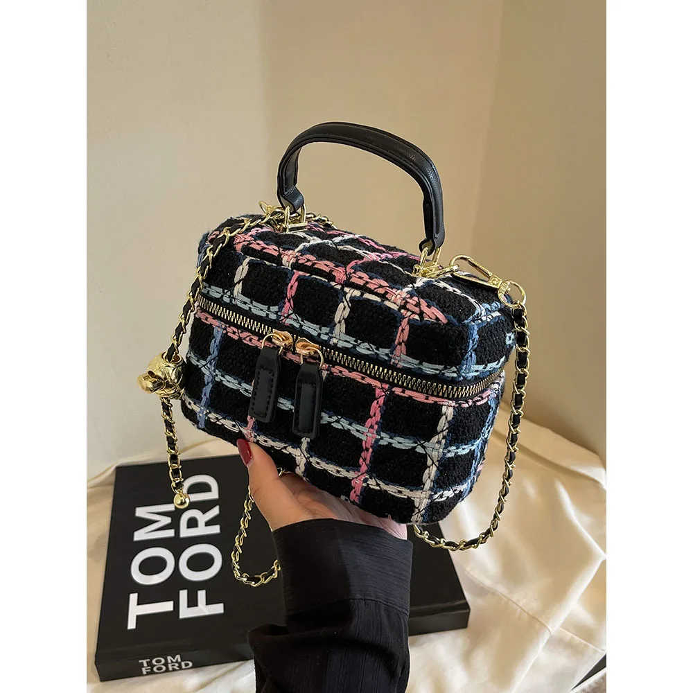 Fashion Plaid Print Tweed Crossbody Bag for Women Casual Versatile Female Shopping Chain Shoulder Pack Large Capacity Handle Bag