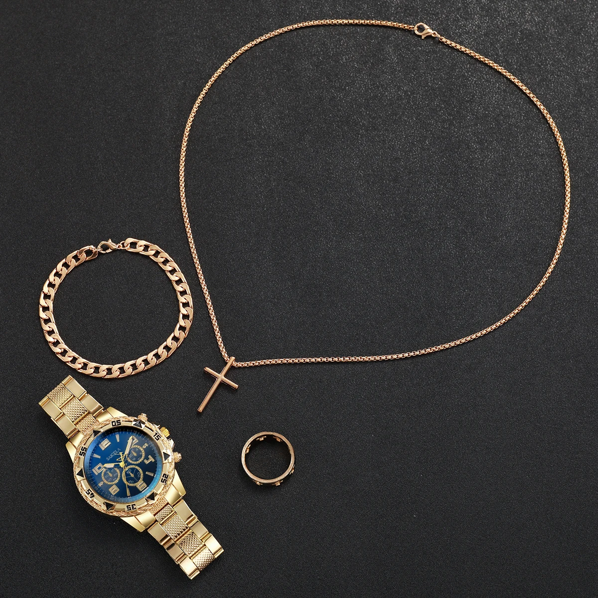 4PCS/Set Men's Watch Set Fashion Handsome Men's Hip Hop Style Business Quartz Watch with Bracelet, Necklace, Ring Set