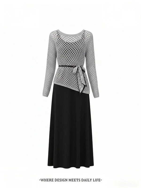 

Модный вязаный комплект с ажурным топом на бретелях и лонгсливом, женская верхняя одежда для весны и осени, элегантный укороченный фасон