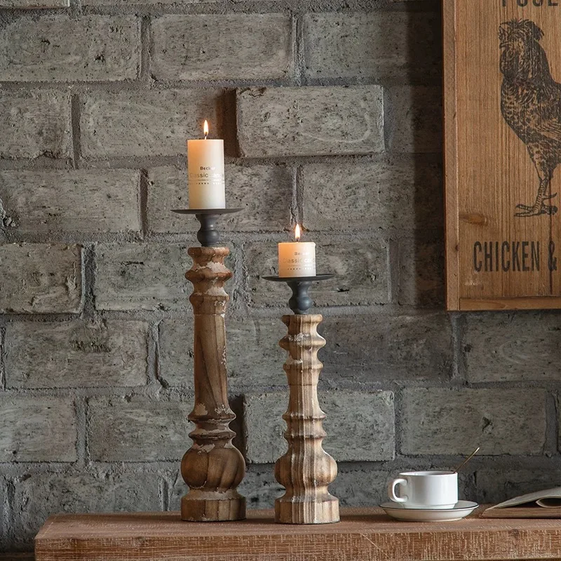 

Vintage Wooden Candle Holders Set of 2, Farmhouse Style, 13.2 and 16.9 Inches Tall, Natural Wood with Metal Top