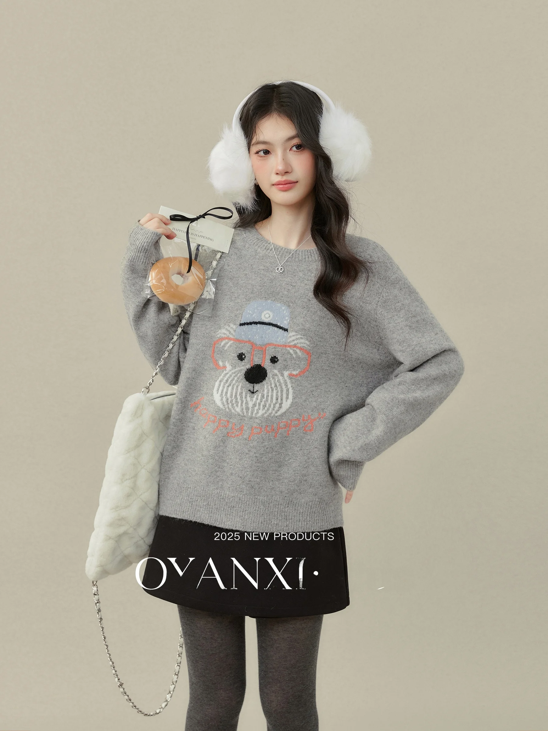 

ey Loose Knitted Sweater round Ne Cute Pattern plus Size Casual Sle Women's Top Dog Travel S Series Comfortable Fit