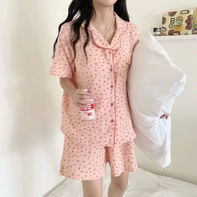 

Женская пижама из чистого хлопка, весенне-летний комплект с короткими рукавами и шортами, милый домашний костюм для сна и отдыха, для девушек и студенток