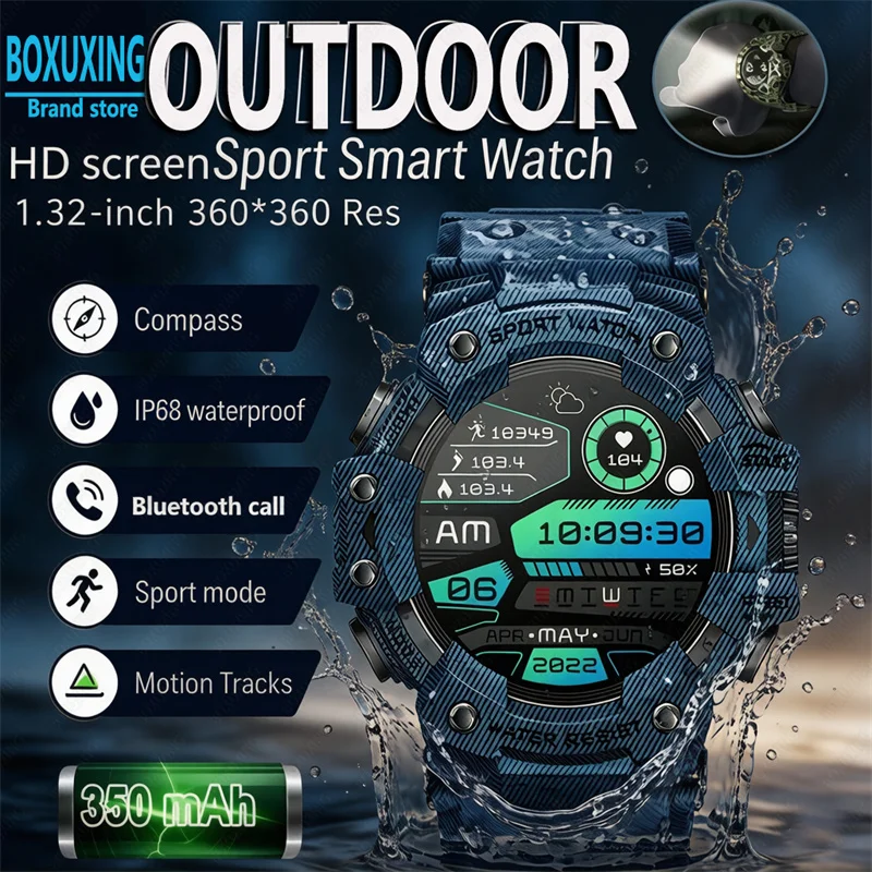 

New Military Sports Smart Watch Men 100+ Sports Outdoor Fitness Compass Heart rate BT Call Waterproof Smartwatch For iOS Android