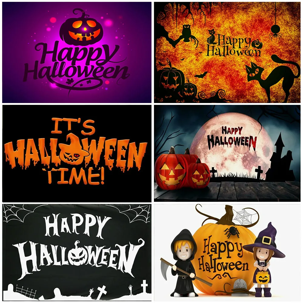 

Happy Halloween Kids Party Decoration Pumpkin Lamp Background Spider web Photo Studio Backdrop Children Door Hanging Banner