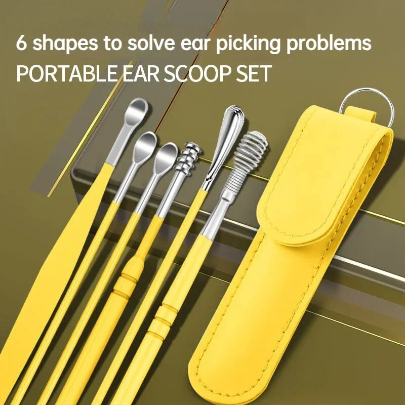 Stainless Steel Earpick Ears Cleaner Spoon Ear Pick Ear Wax Removal Tool Kit Ears Spoon Care for Baby Adults 6PCS Ear Care Set