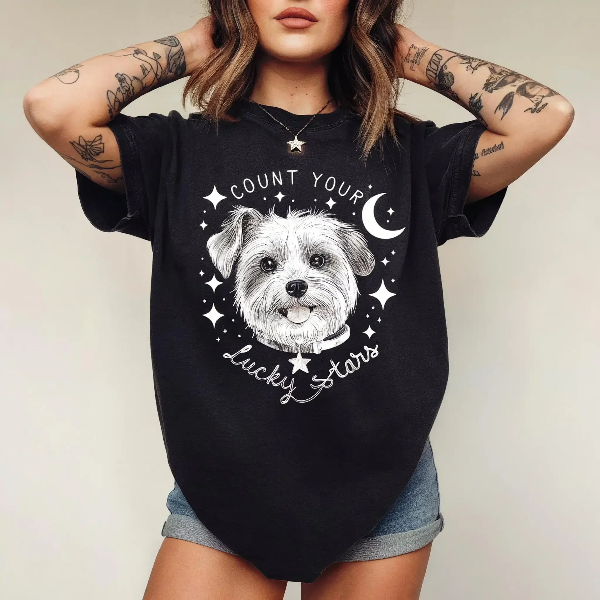 Count Your Lucky Stars T Shirt Celestial Dog Retro Cute Aesthetic Mom Vintage Spring