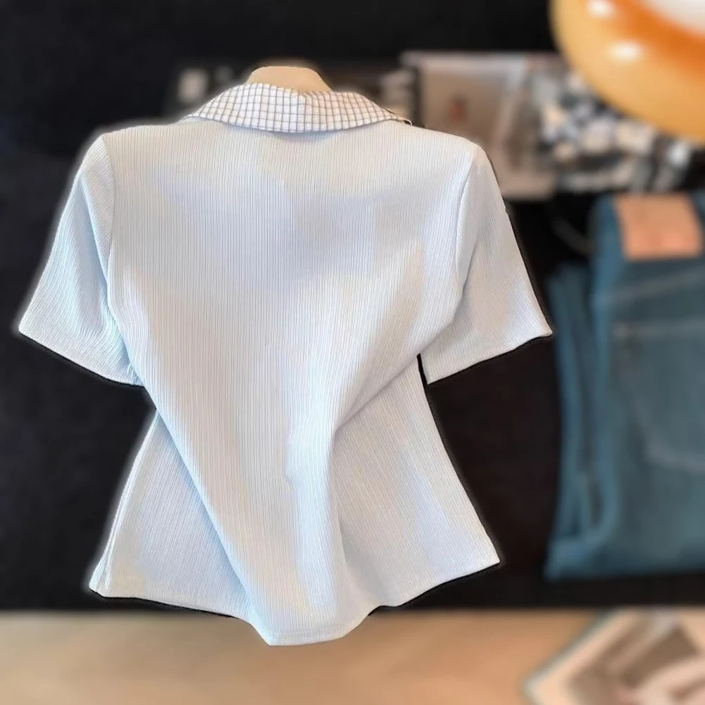 Ladies' Fake Two-piece Lace Up Patchwork Checkered Short Sleeved Shirt Tops Suitable For Spring And Autumn