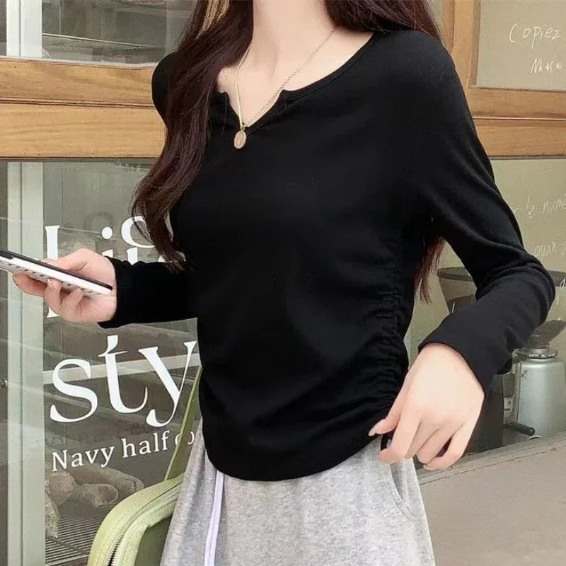 Long Sleeve T-shirts for Women Shirring Autumn V-neck Tops Fashion Korean Style Female Sweet All-match Leisure Simple Basic Tees