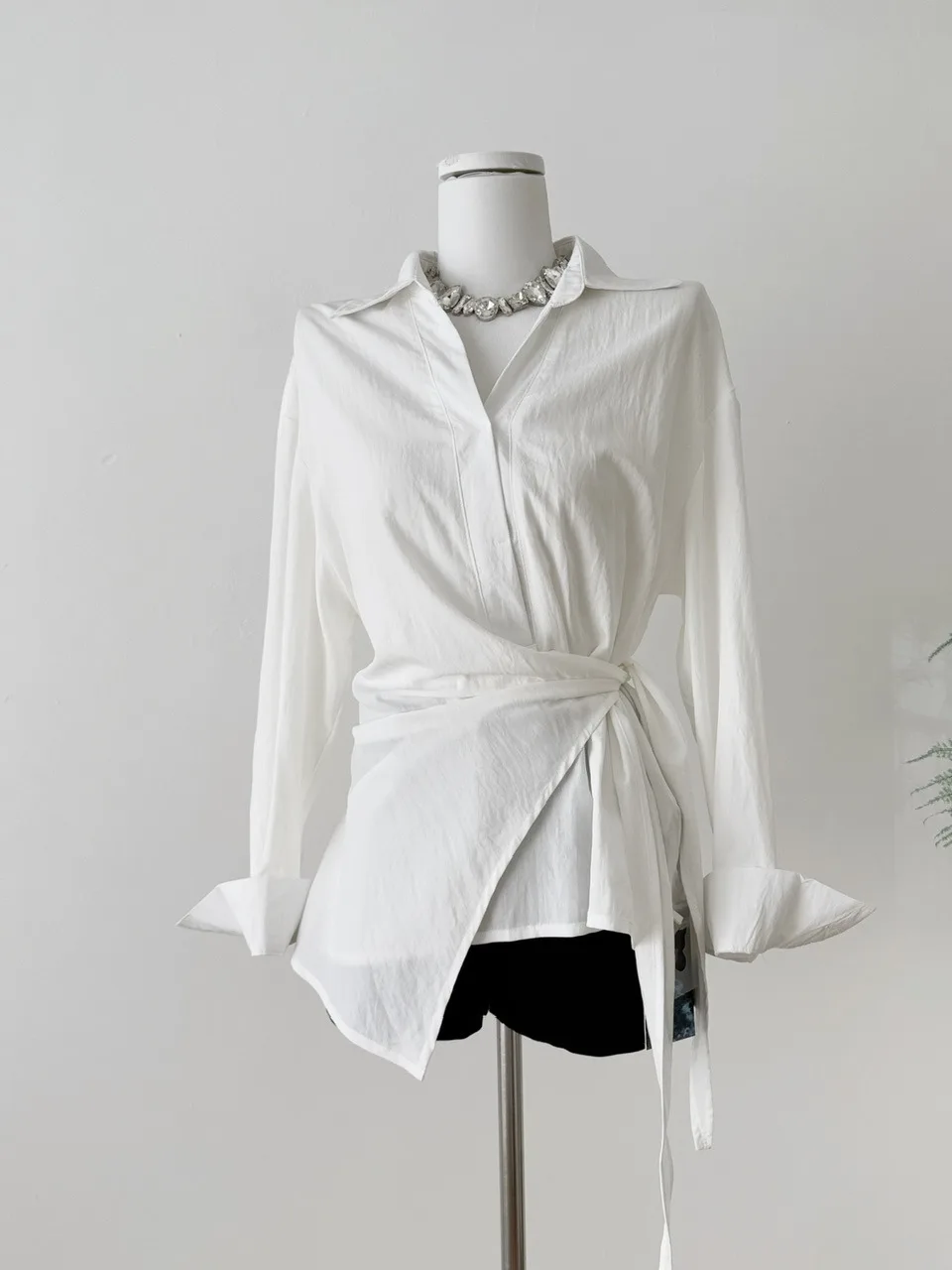 

Korean Design Cross Strap Waist Cinched Long Sve irt Women's Faionable Agel Ele Top Polyester Fiber Regular Sve