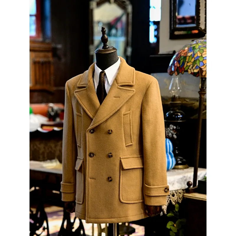 

British Autumn/Winter Men's Thickened Woolen Coat Retro Heavy Classic Navy Slim Double Breasted Coat Lothing Coats for Men