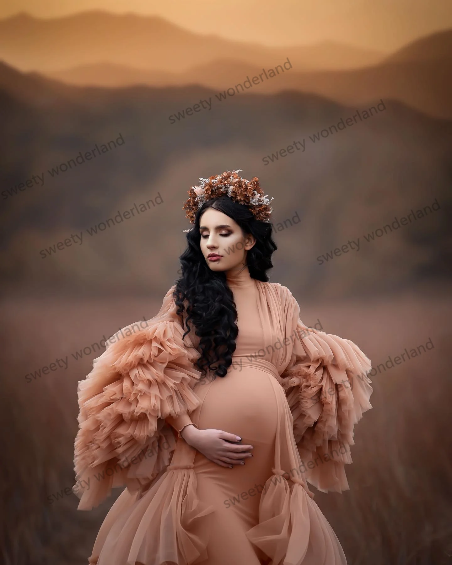 2PCS Vintage Maternity Photoshoot Dresses with Jacket Tiered Ruffles Long Prom Dress Ladies Baby Shower Gown Custom Made